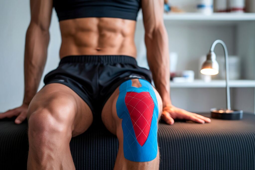 Gemini said A close-up of an athlete's muscular leg with kinesiology tape applied to their knee, 